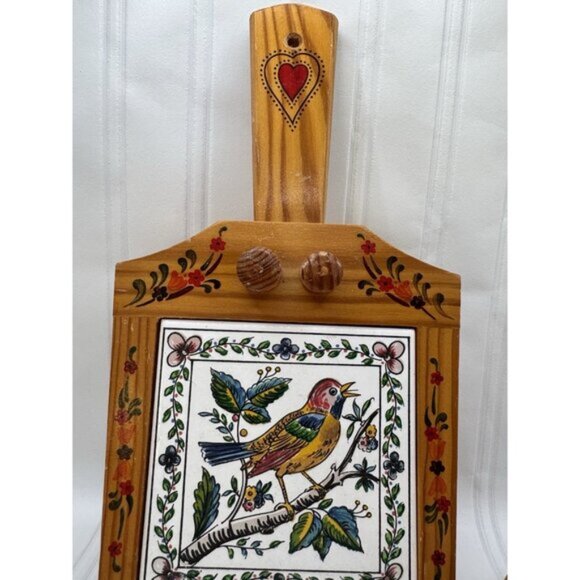 Colorful Floral Bird Ceramic Tile Wood Cutting Board, Hanging Hand Painted Trim! - Picture 3 of 8